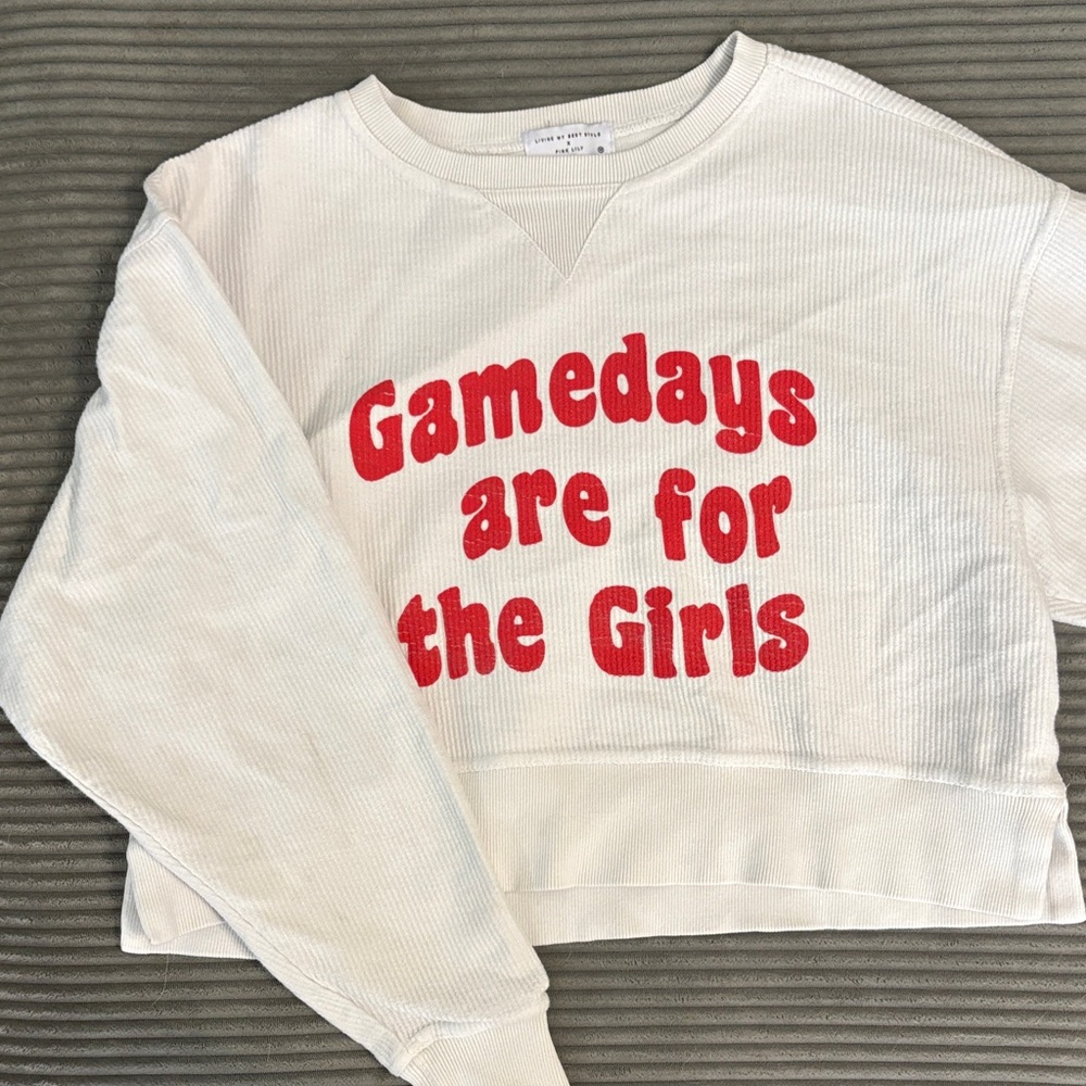 Pink Lily Cream and Red Game Day Crop Sweatshirt